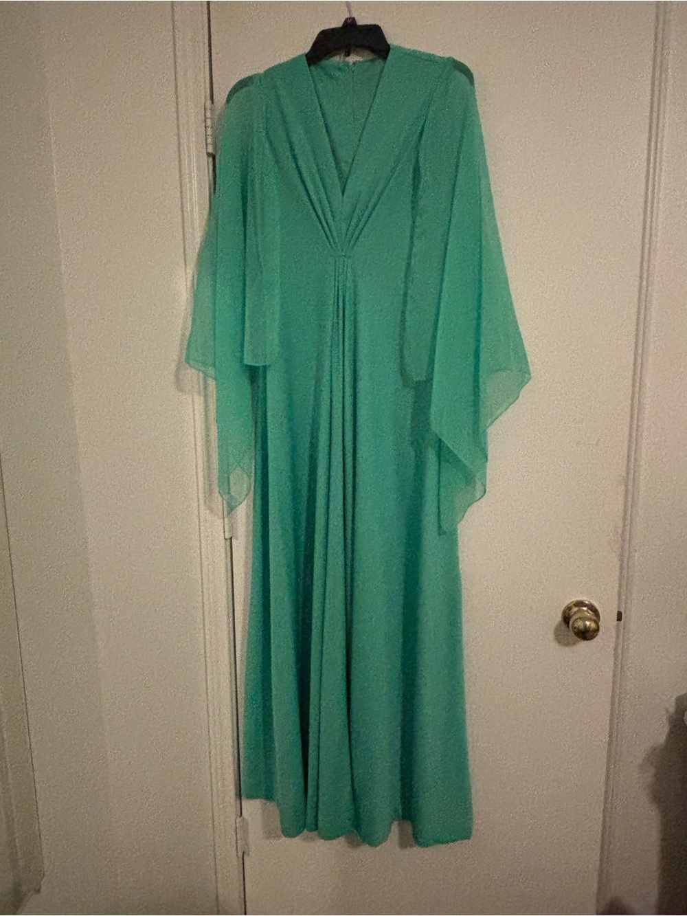 Vintage Elegant Teal Green Maxi Dress with Flowing Cape Sleeves